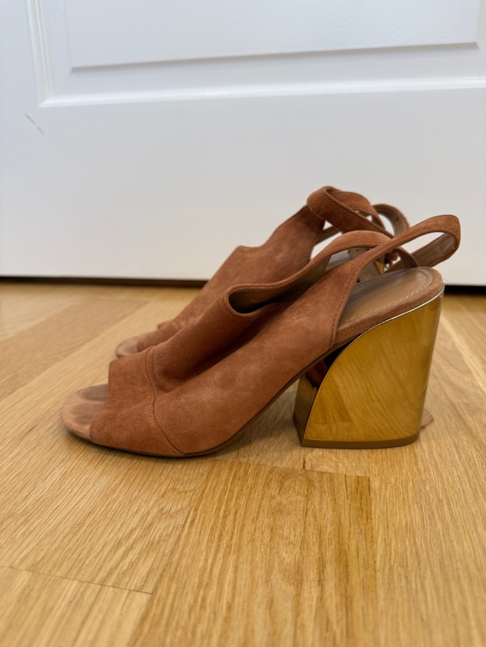 Women’s Aldo Tan Suede Slingback Block Gold Heel Sandals